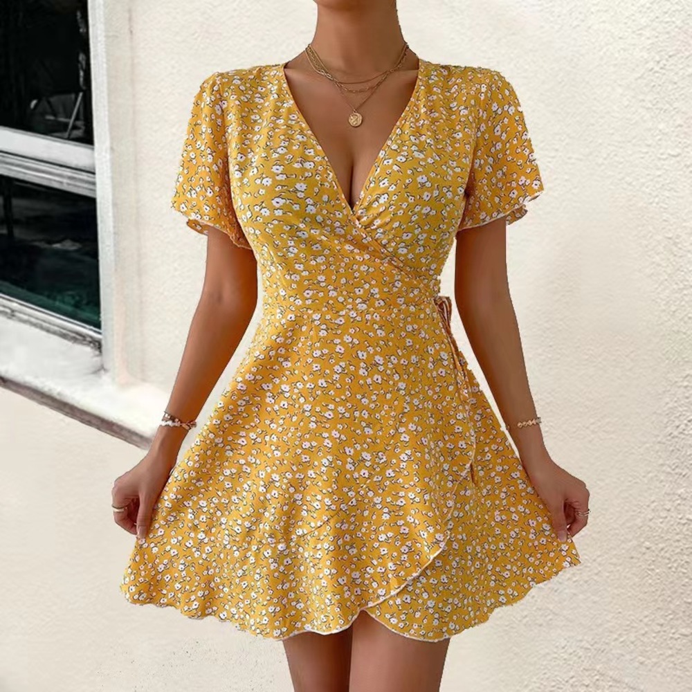 Women's Yellow Floral V-Neck Short-Sleeve Tie-Waist Mini Dress